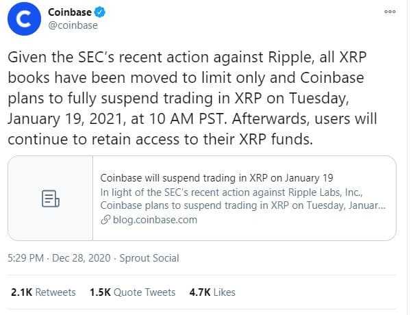 Coinbase Suspends XRP