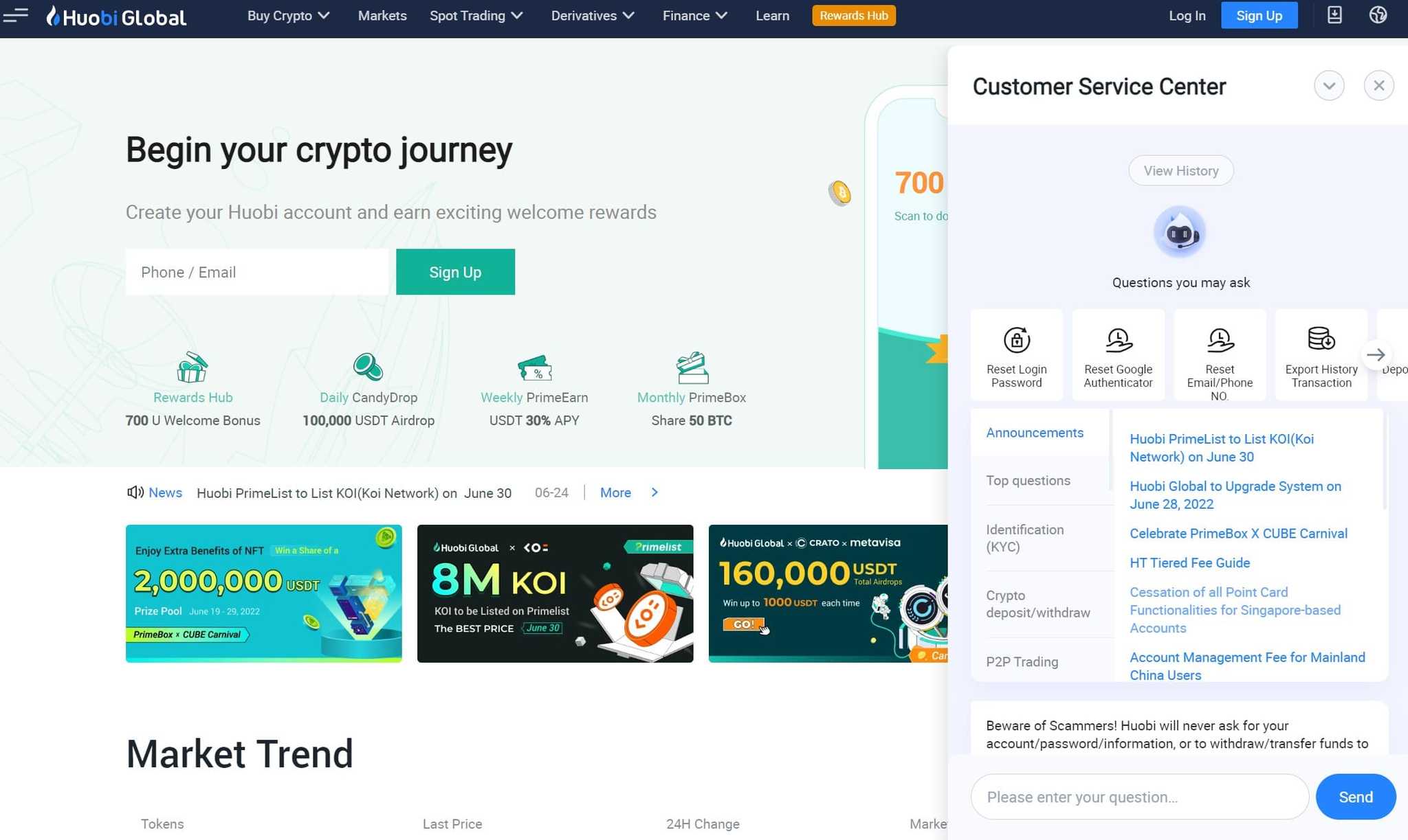 Huobi customer support chat