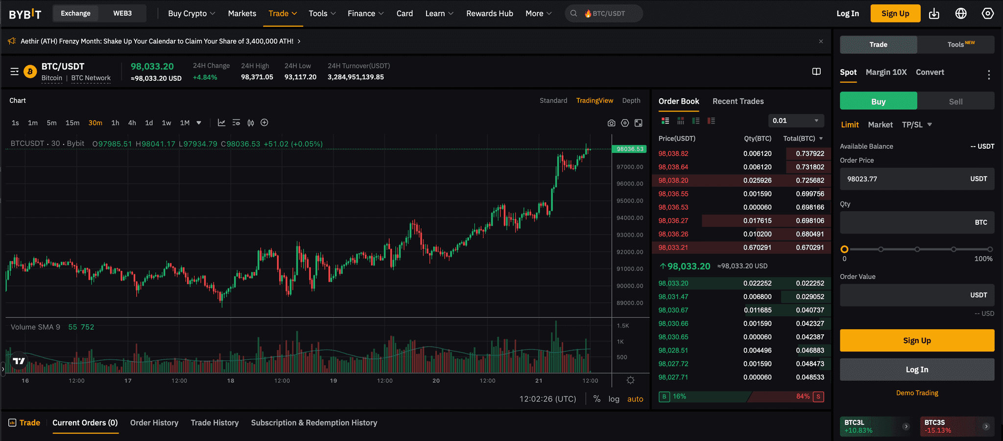 Spot trading interface on Bybit