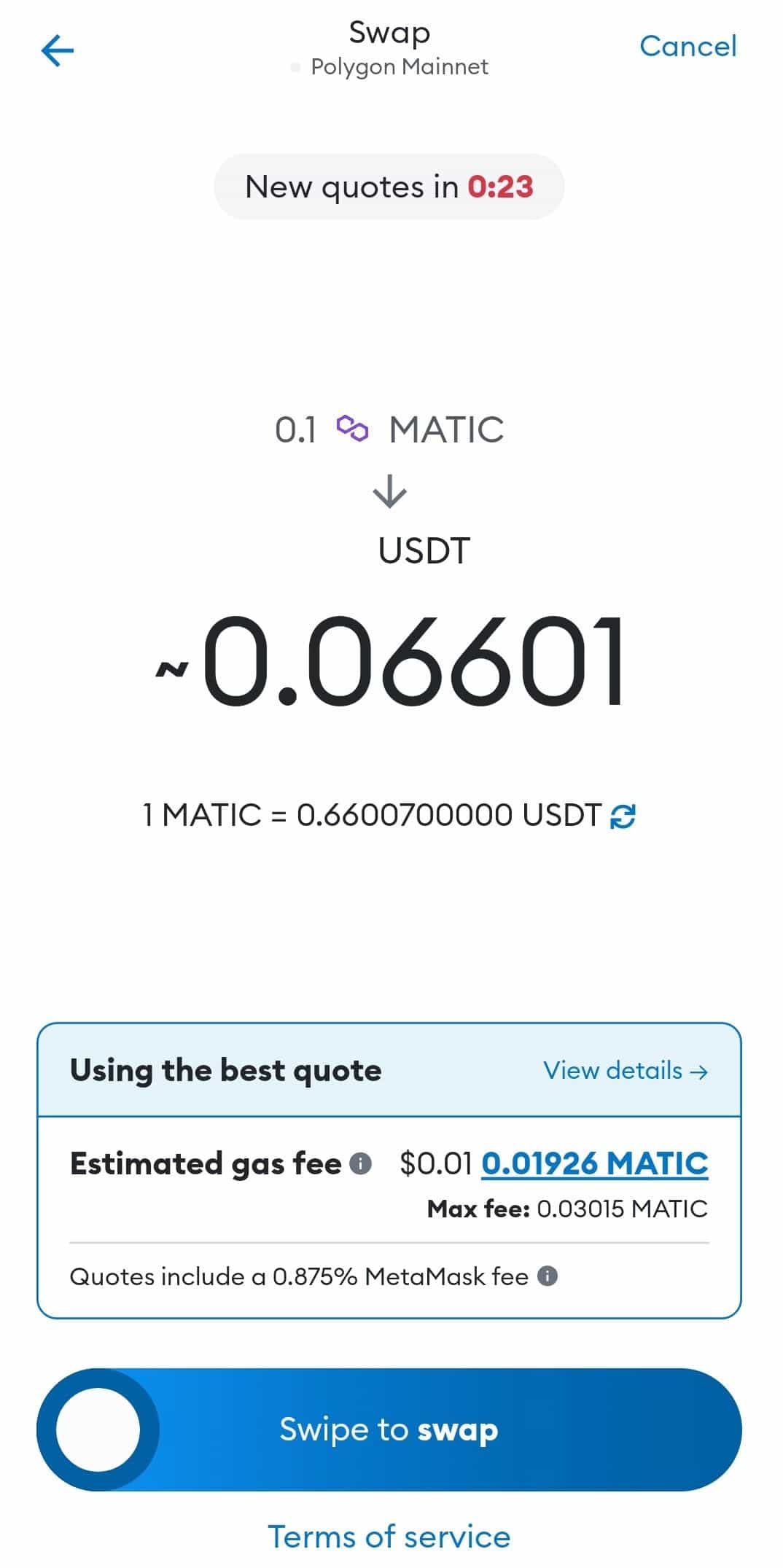 Swap Matic in MetaMask Wallet