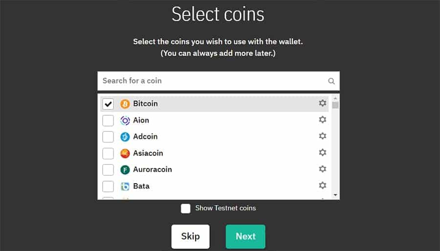 Coinomi Coin Selection