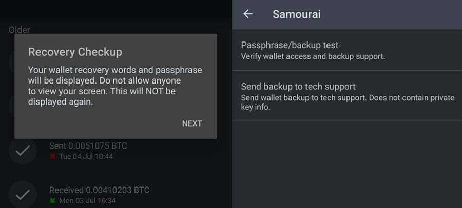 Samourai Wallet Backup Test