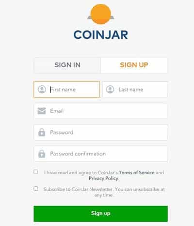 Coinjar Account Registration