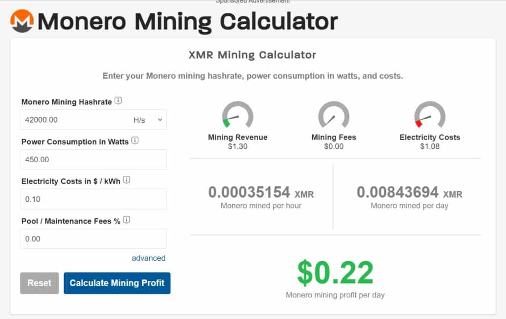 monero mining calculator